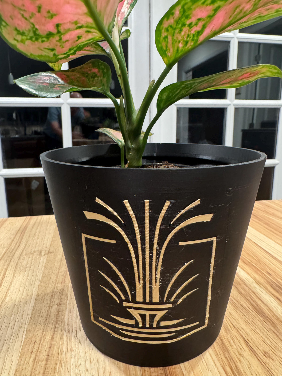 Art Deco Fountain Cachepot Planter  Black and Matte Tan Home Accent, Elegant Architectural Design for Modern Interiors