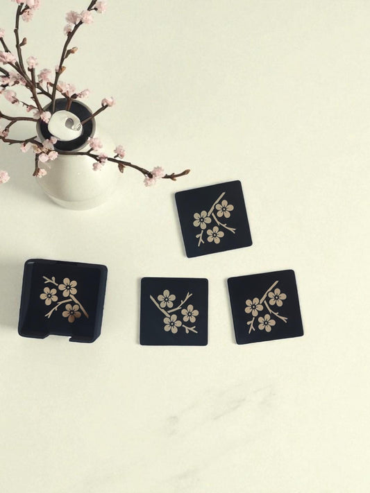 Cherry Blossom Coaster Set  Japanese Sakura Design Drink Coasters, Square Two-Color Inlay for Coffee Table or Bar Cart Decor
