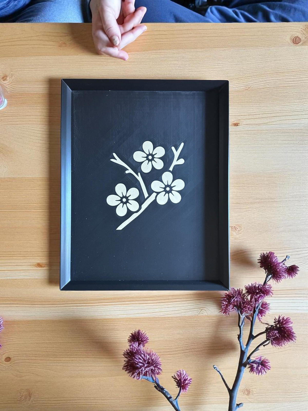Sakura Path - Cherry BlossomModern Japanese Floral Tray, Tan-on-Black Inlay | Japan Collection | 3 Sizes