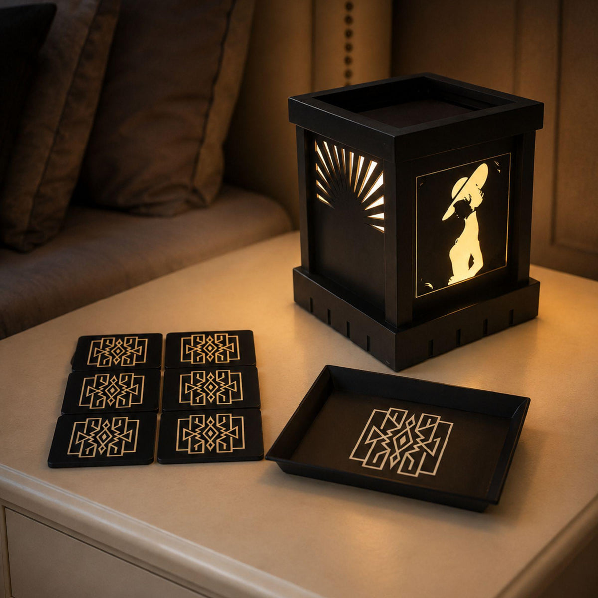 Parisian Glam Nightlight Set | Art Deco Dimmable Noir Lamp, Lattice Tray & Coasters | Romantic Bedroom Gift