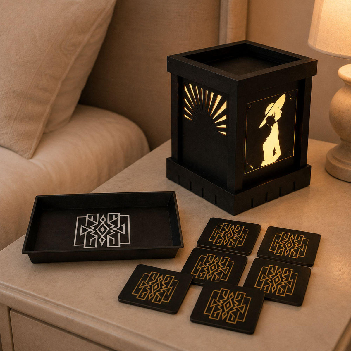 Parisian Glam Nightlight Set | Art Deco Dimmable Noir Lamp, Lattice Tray & Coasters | Romantic Bedroom Gift