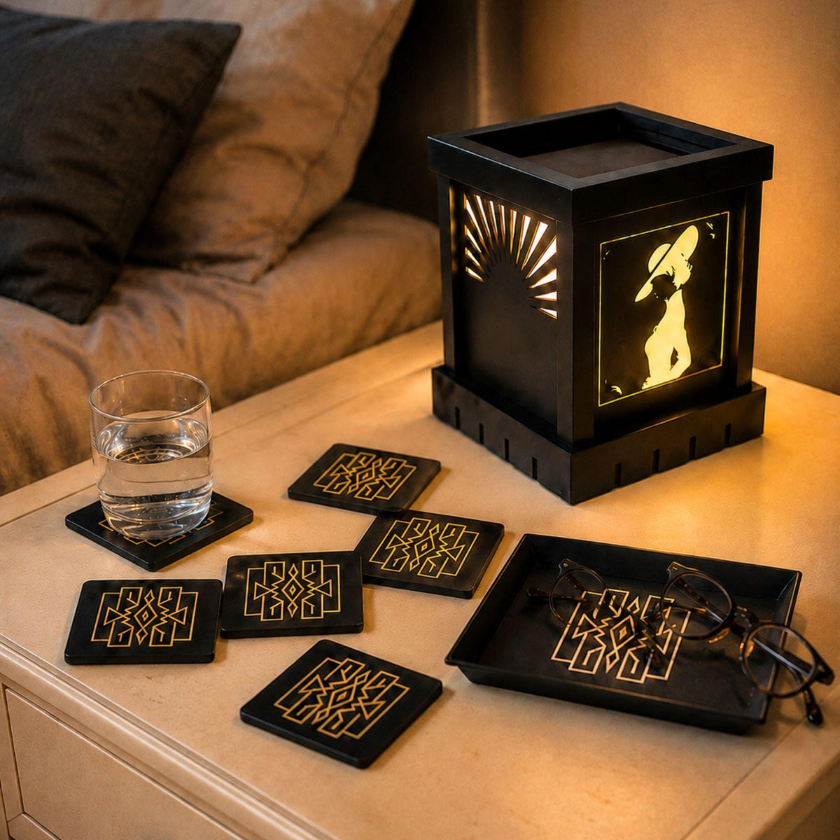 Parisian Glam Nightlight Set | Art Deco Dimmable Noir Lamp, Lattice Tray & Coasters | Romantic Bedroom Gift