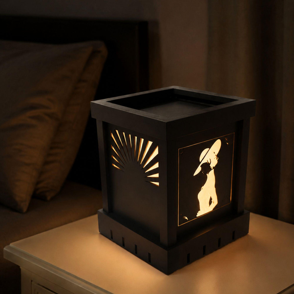 Parisian Glam Nightlight Set | Art Deco Dimmable Noir Lamp, Lattice Tray & Coasters | Romantic Bedroom Gift