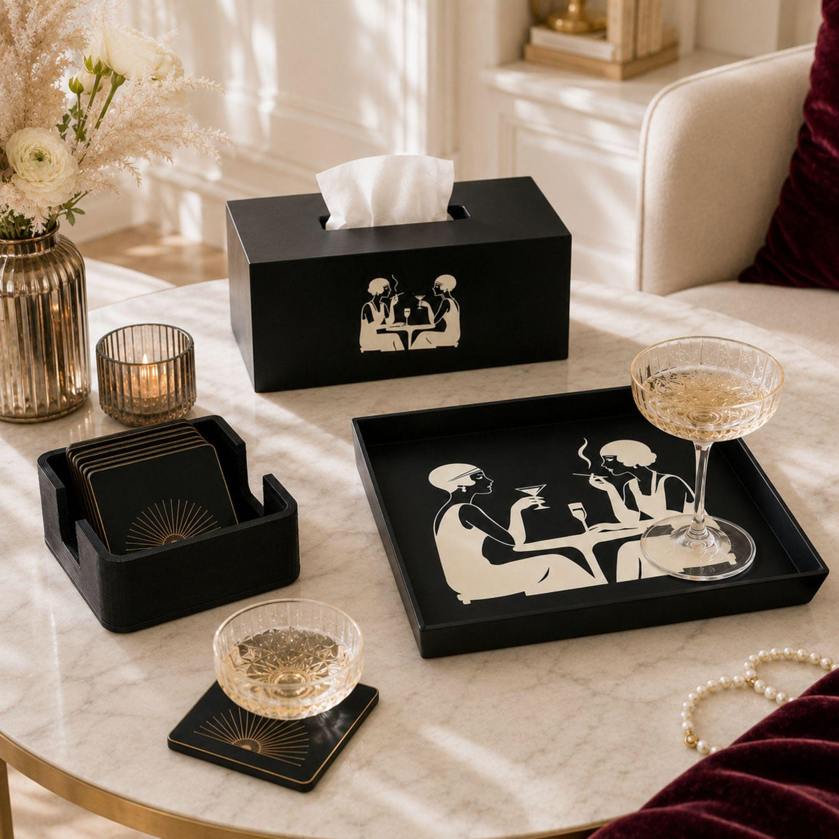 Art Deco Speakeasy Decor Set | Flapper Tissue Box Cover, Tray, Coasters & Holder | Gatsby Bathroom Bar Cart Gift