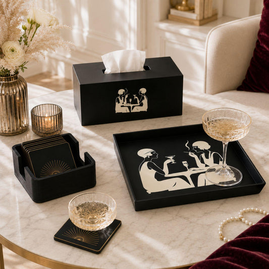 Art Deco Speakeasy Decor Set | Flapper Tissue Box Cover, Tray, Coasters & Holder | Gatsby Bathroom Bar Cart Gift
