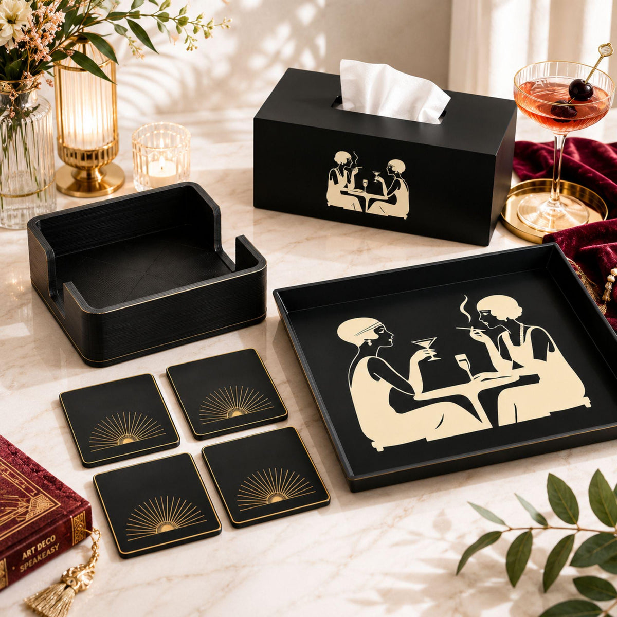 Art Deco Speakeasy Decor Set | Flapper Tissue Box Cover, Tray, Coasters & Holder | Gatsby Bathroom Bar Cart Gift