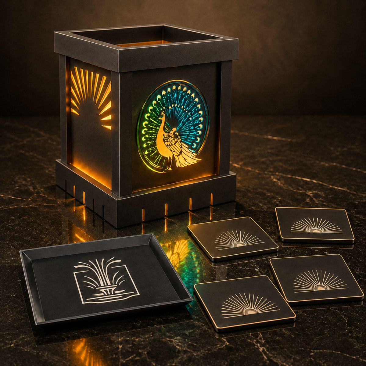 Art Deco Peacock Lamp Set | Three Tone Statement Lighting Bundle | Fountain Tray & Starburst Coasters | Glam Living Room Gift