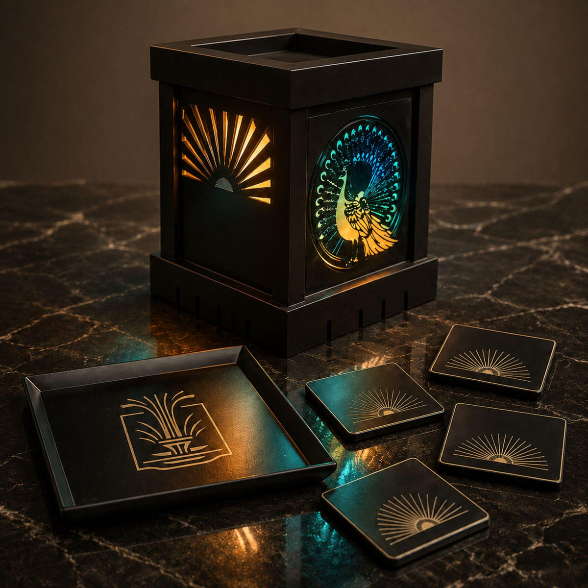 Art Deco Peacock Lamp Set | Three Tone Statement Lighting Bundle | Fountain Tray & Starburst Coasters | Glam Living Room Gift