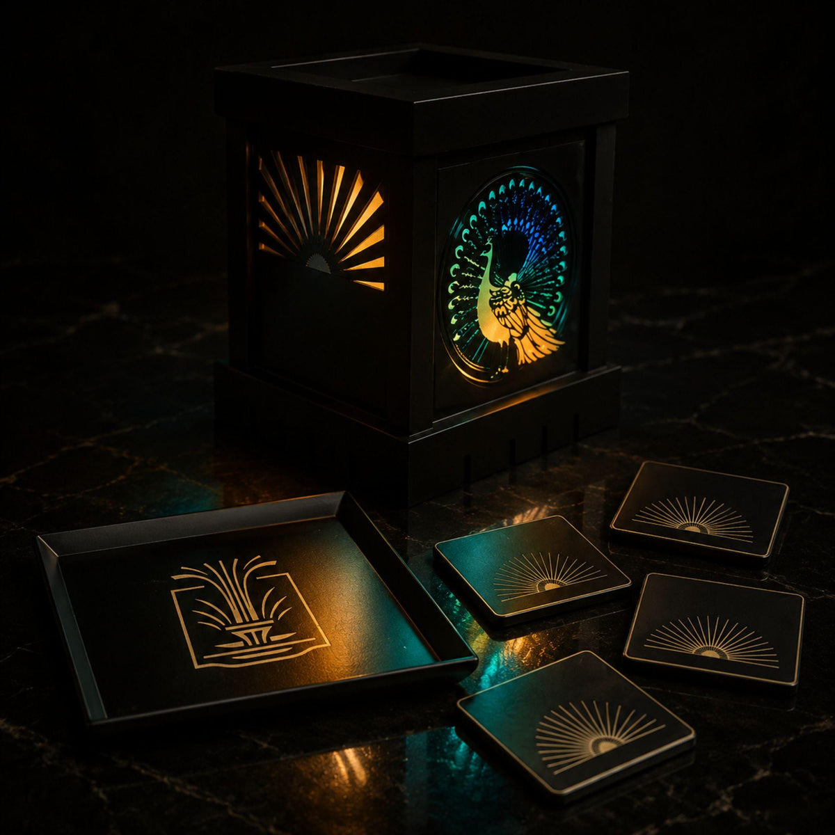 Art Deco Peacock Lamp Set | Three Tone Statement Lighting Bundle | Fountain Tray & Starburst Coasters | Glam Living Room Gift