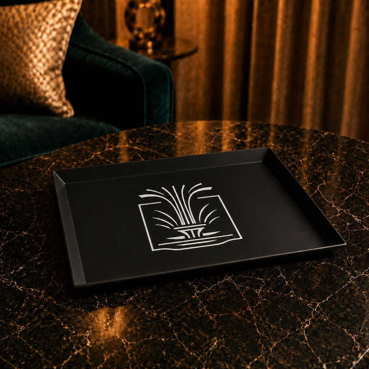 Art Deco Peacock Lamp Set | Three Tone Statement Lighting Bundle | Fountain Tray & Starburst Coasters | Glam Living Room Gift
