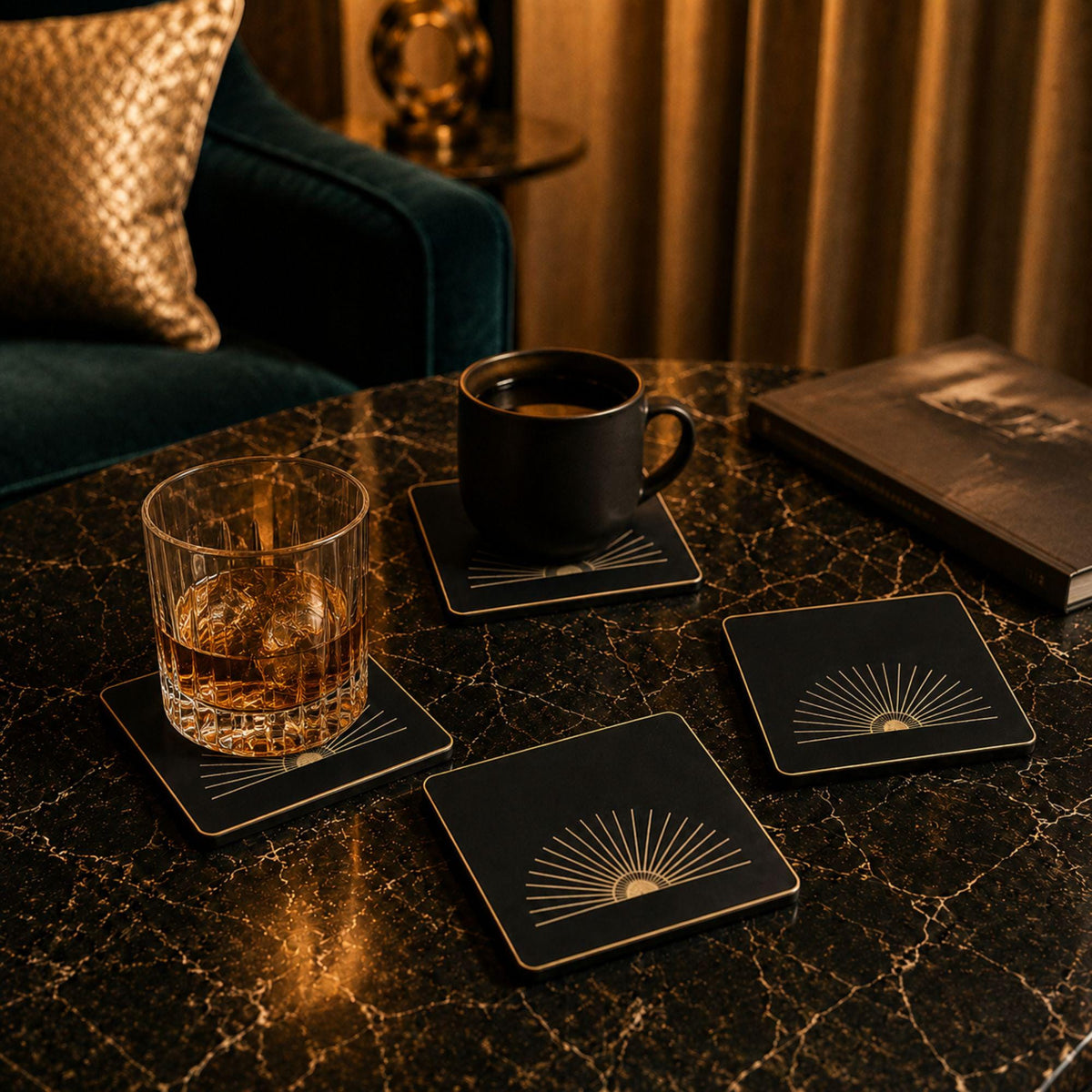 Art Deco Peacock Lamp Set | Three Tone Statement Lighting Bundle | Fountain Tray & Starburst Coasters | Glam Living Room Gift