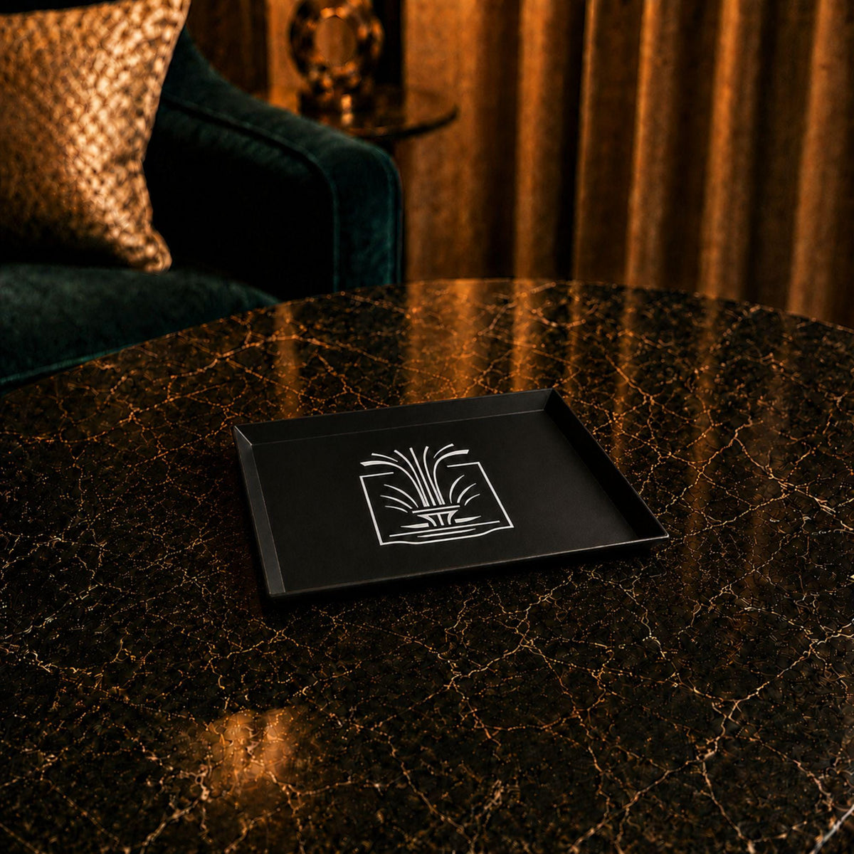Art Deco Peacock Lamp Set | Three Tone Statement Lighting Bundle | Fountain Tray & Starburst Coasters | Glam Living Room Gift