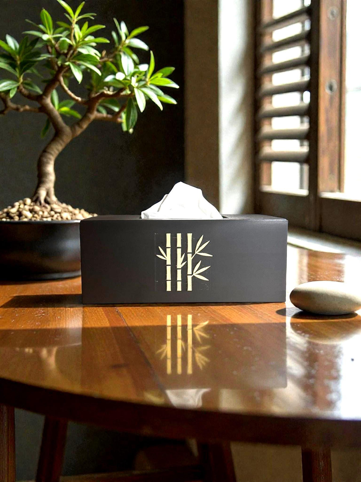 Bamboo Tissue Box Cover Black and Ivory, Modern Zen Tissue Holder, Rectangular Bathroom Decor, Japanese Style Gift