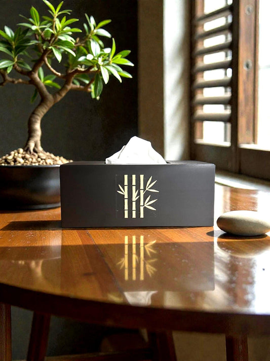 Bamboo Tissue Box Cover Black and Ivory, Modern Zen Tissue Holder, Rectangular Bathroom Decor, Japanese Style Gift