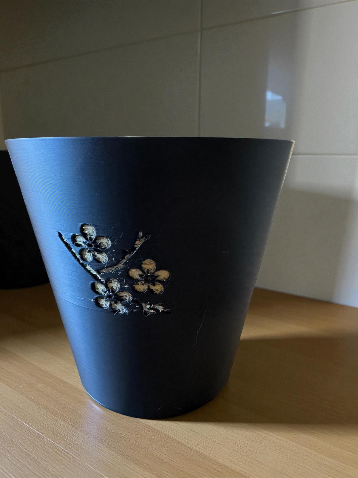 Japanese Cherry Blossom Tapered Cachepot Planter, Elegant Tapered Plant Pot for Indoor Plants, Black Zen Asian Home Decor, Fits Nursery Pots