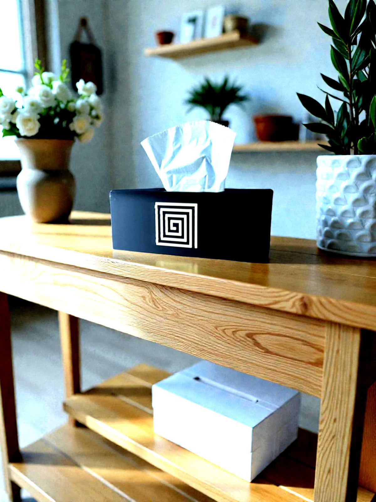AZTEC Spiral ART DECO Rectangular Tissue Box Cover, Modern Bathroom Decor, Inspired by Ancient Americas art, Minimalist Vanity Gift Accent,