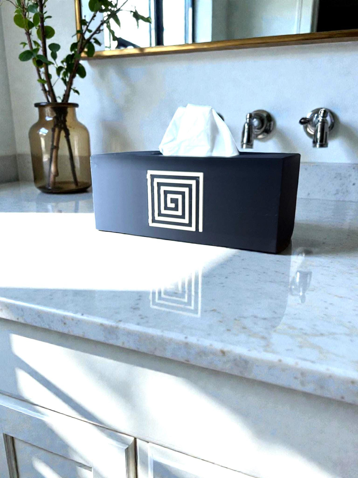 AZTEC Spiral ART DECO Rectangular Tissue Box Cover, Modern Bathroom Decor, Inspired by Ancient Americas art, Minimalist Vanity Gift Accent,
