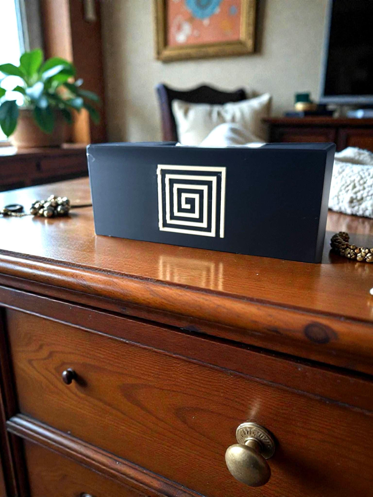 AZTEC Spiral ART DECO Rectangular Tissue Box Cover, Modern Bathroom Decor, Inspired by Ancient Americas art, Minimalist Vanity Gift Accent,