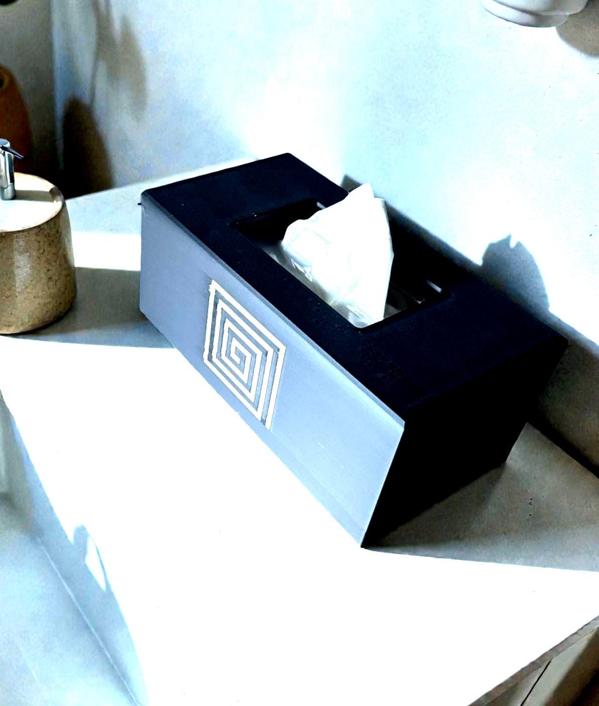AZTEC Spiral ART DECO Rectangular Tissue Box Cover, Modern Bathroom Decor, Inspired by Ancient Americas art, Minimalist Vanity Gift Accent,