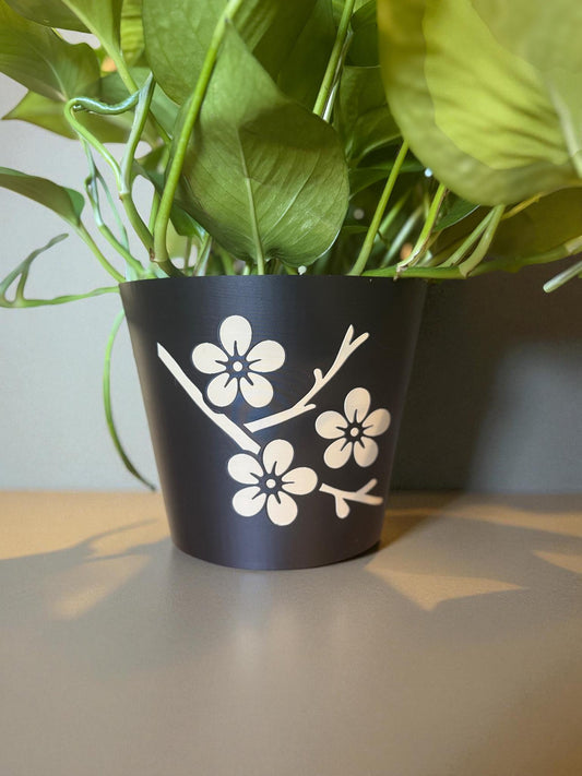 JAPANESE Cherry Blossom Planter - Elegant Black & Tan Cachepot with Sakura Design, Asian Home Decor, Indoor Plant Pot, Floral Holder