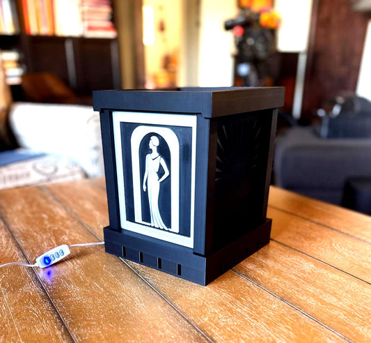 ART DECO Lady in Black Table Lamp, Starburst Panels, Dimmer LED Mood Light, Special Introductory Pricing