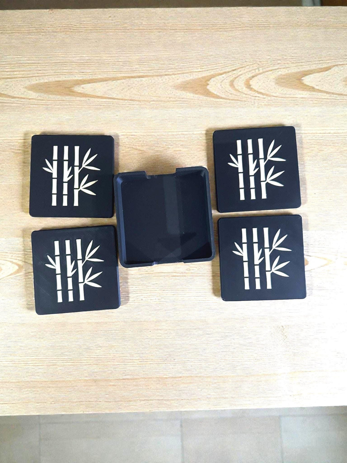 Bamboo Coasters  Black & Tan, Modern JAPAN Design, Square Drink Coaster Set, Minimalist Table Protectors, Hostess Gift, Neutral Home Decor