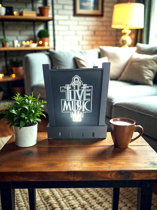 Art Deco LIVE MUSIC Lamp, Geometric Starburst Panels, After Hours Sign Light, Warm Neutral Cool LED, Home Bar Desk Nightstand Accent, Gift
