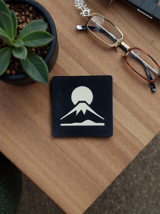 JAPAN FUJI COASTERS set with holder, black tan mountain sun drink bundle, Japanese home bar decor gift