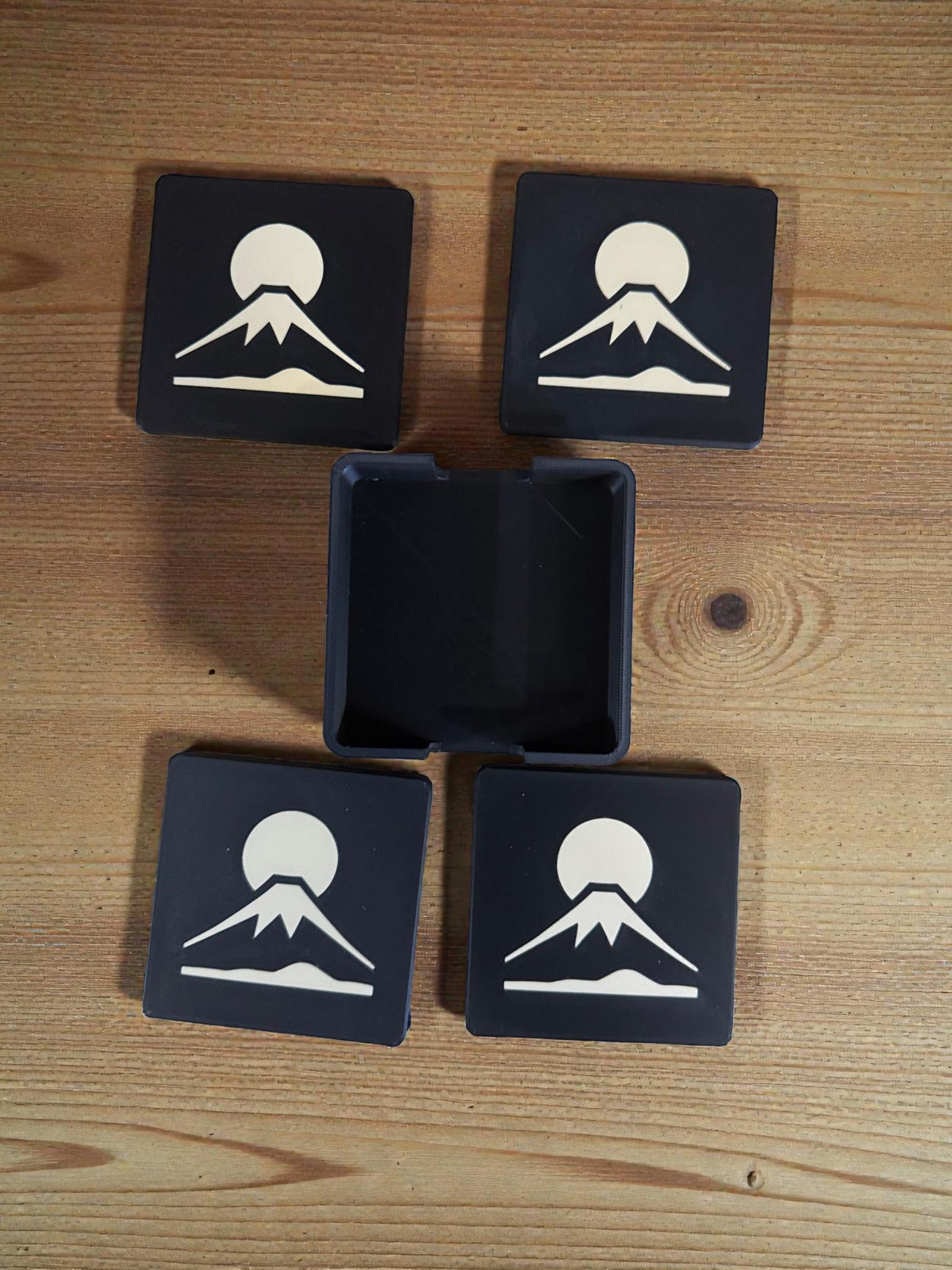 JAPAN FUJI COASTERS set with holder, black tan mountain sun drink bundle, Japanese home bar decor gift