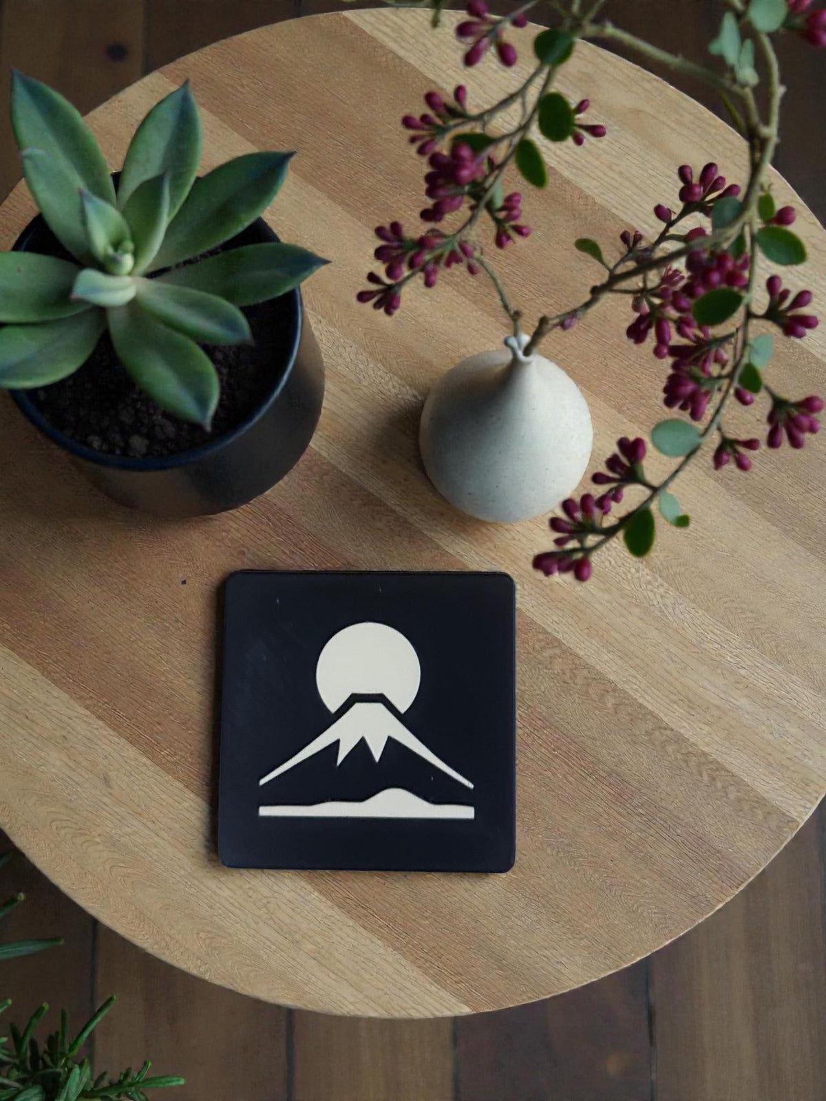JAPAN FUJI COASTERS set with holder, black tan mountain sun drink bundle, Japanese home bar decor gift