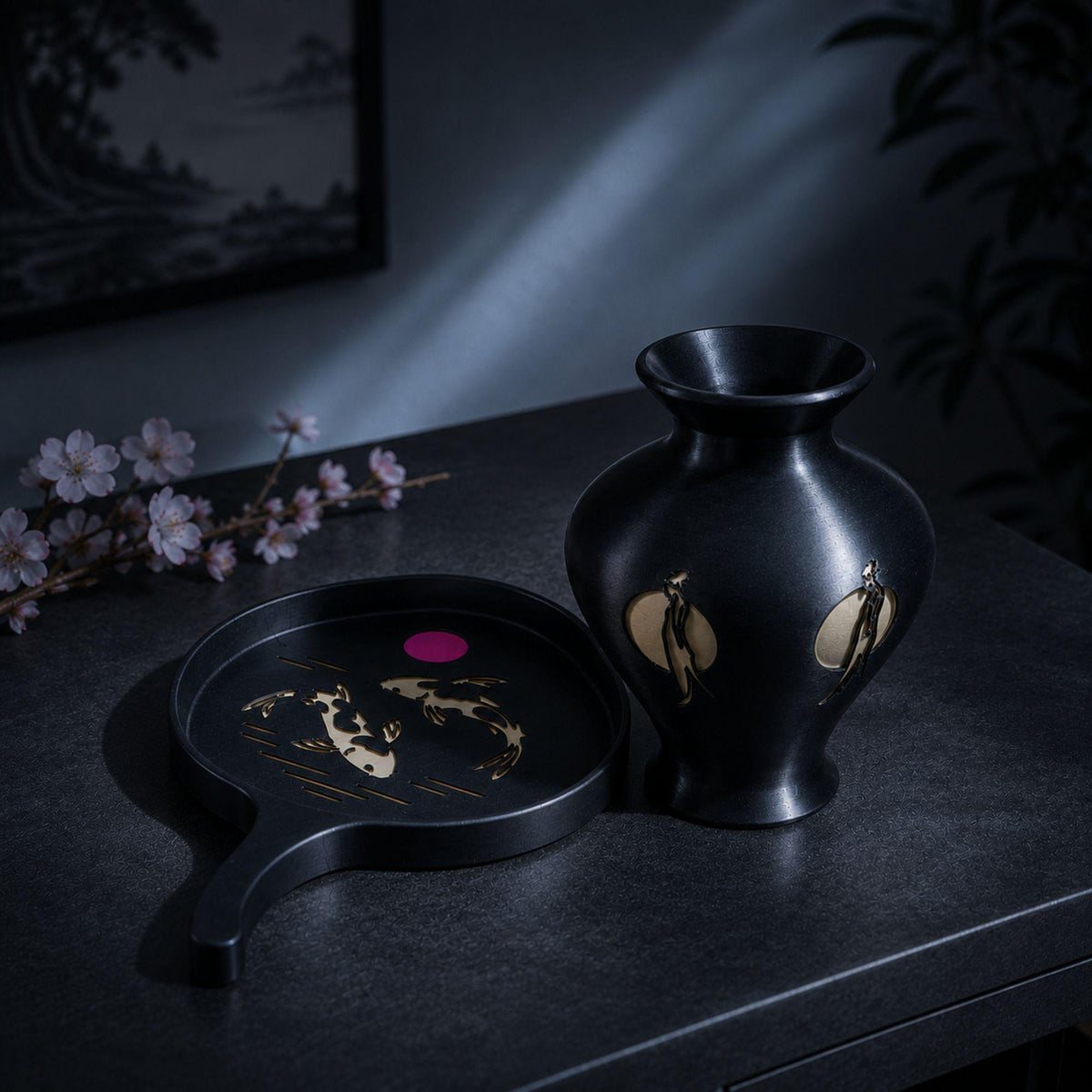 Japanese Elegance Pair | Geisha Moonlight Vase & Lotus Leaf Koi Tray | Zen Japandi Decor Gift