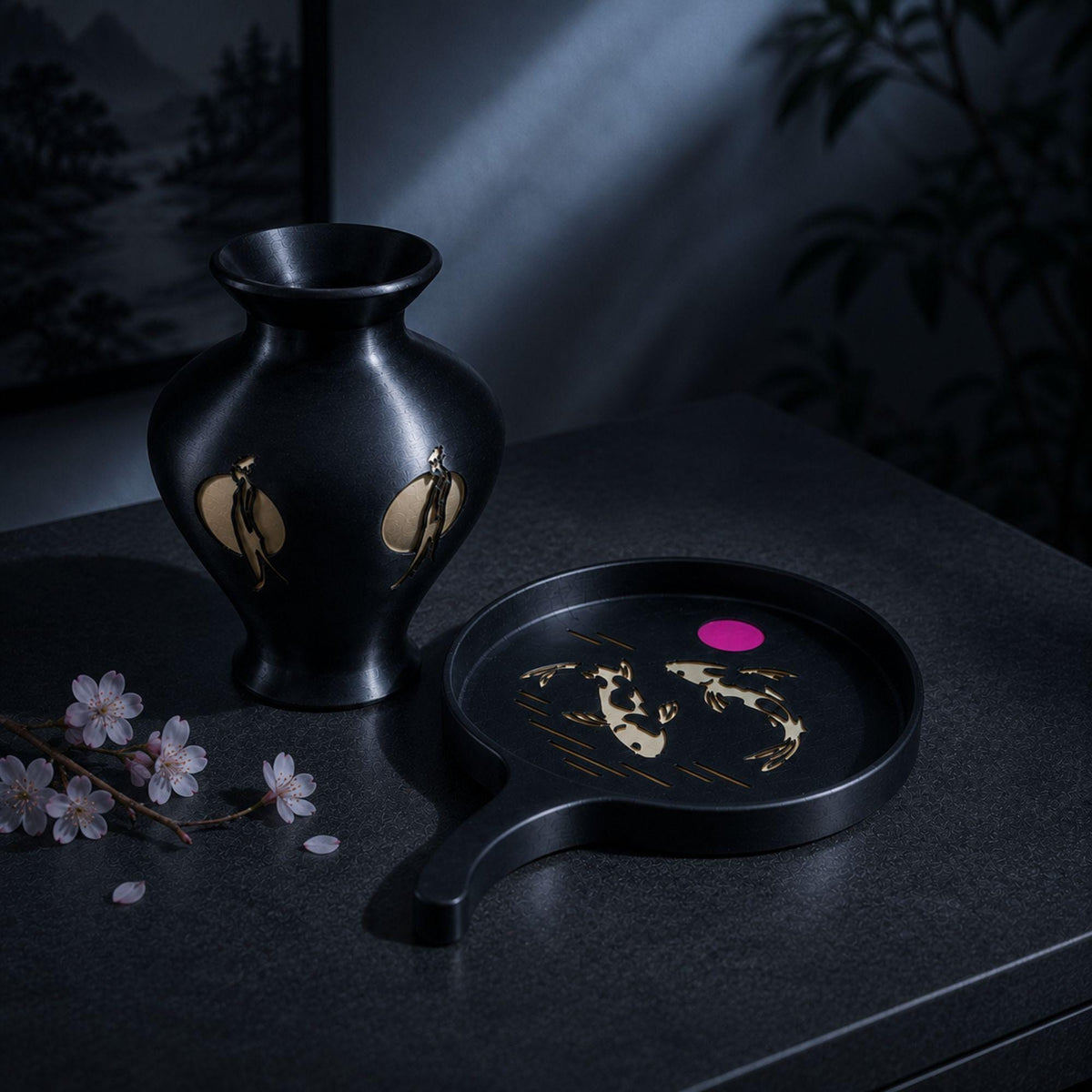 Japanese Elegance Pair | Geisha Moonlight Vase & Lotus Leaf Koi Tray | Zen Japandi Decor Gift