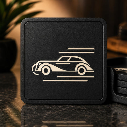 Art Deco Coaster Set | Vintage Roadster Drink Coasters | Classic Car Table Decor | Coffee Table Styling | Black & Tan PLA
