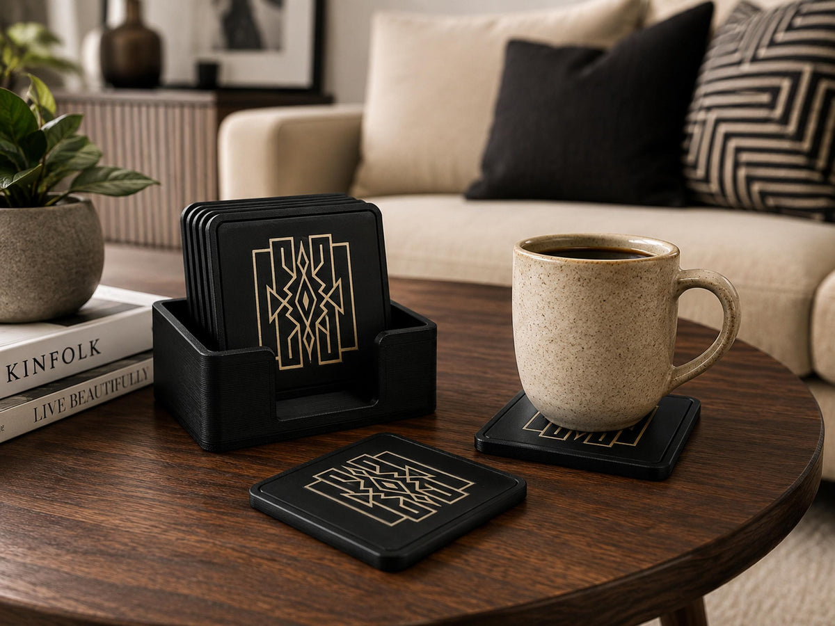 Art Deco Coaster Set with Holder | Geometric Drink Coasters | Black & Tan Table Coasters | Coffee Table Decor | Set of 4 or 6