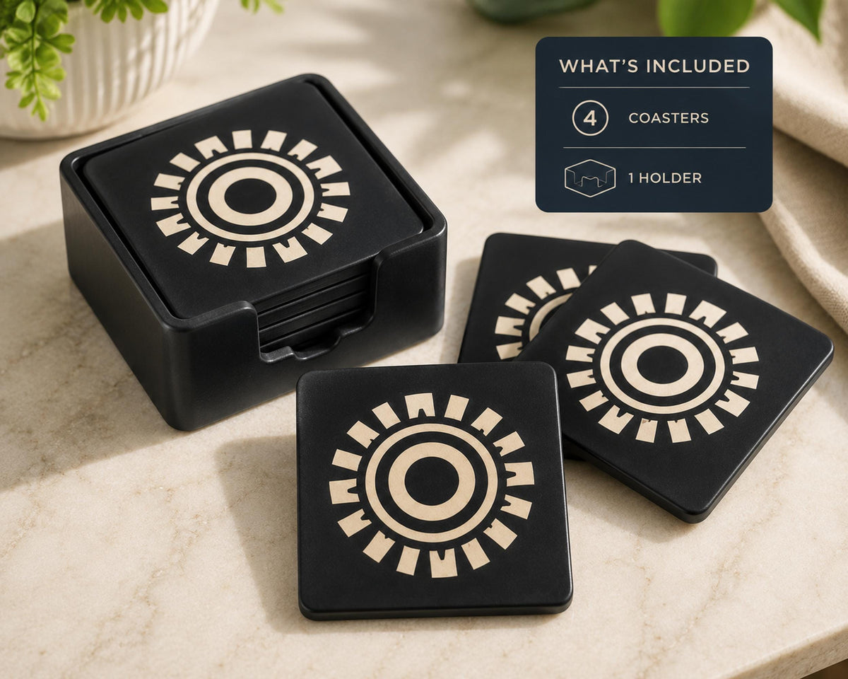 Art Deco Coaster Set | Geometric Starburst Drink Coasters | Coffee Table Decor | Black & Tan Table Coasters | Set of 4 or 6