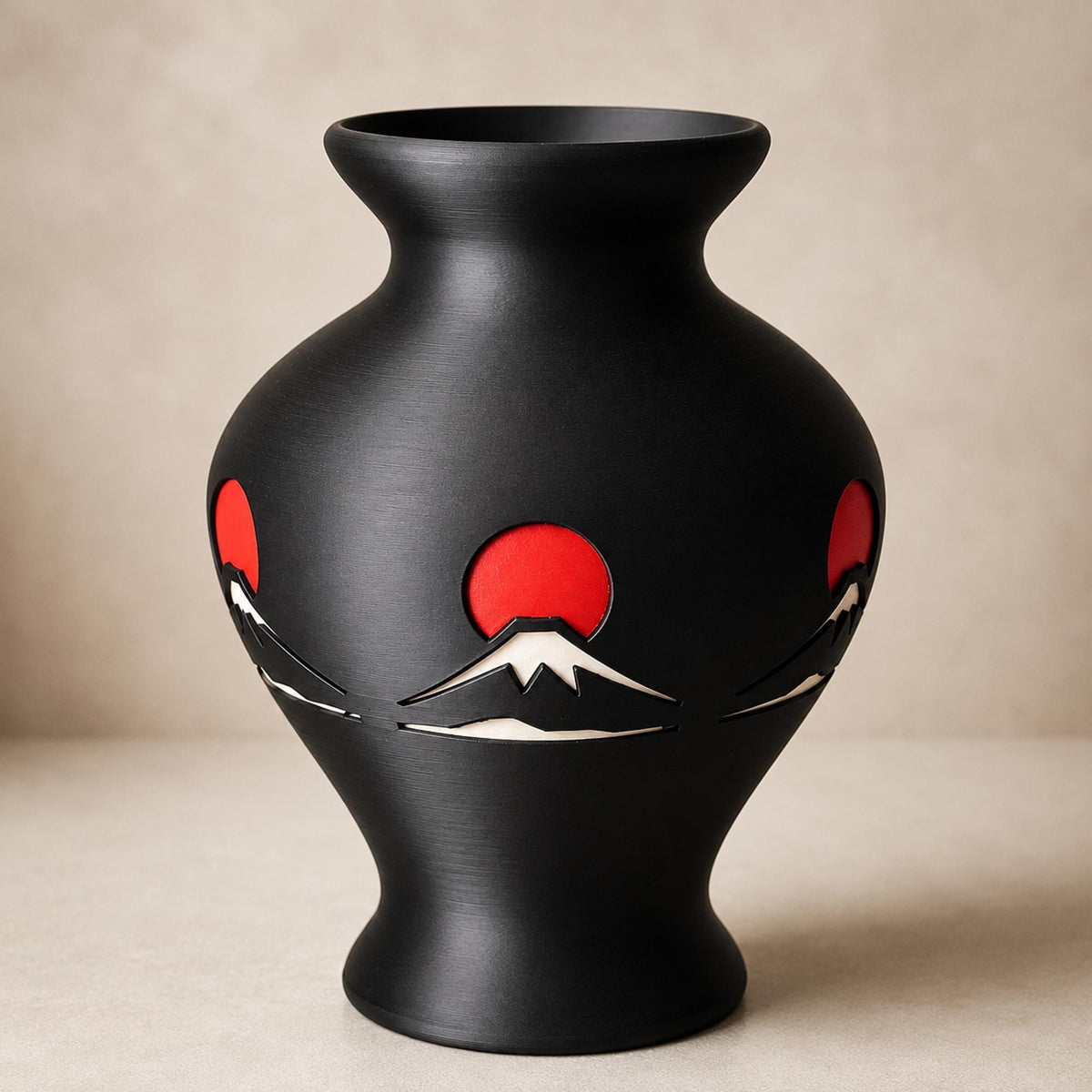 Mount Fuji Vase | Japanese Home Decor | Japandi Decorative Vase | Black & Red Table Vase | Shelf and Coffee Table Accent