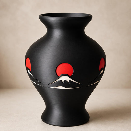 Mount Fuji Vase | Japanese Home Decor | Japandi Decorative Vase | Black & Red Table Vase | Shelf and Coffee Table Accent