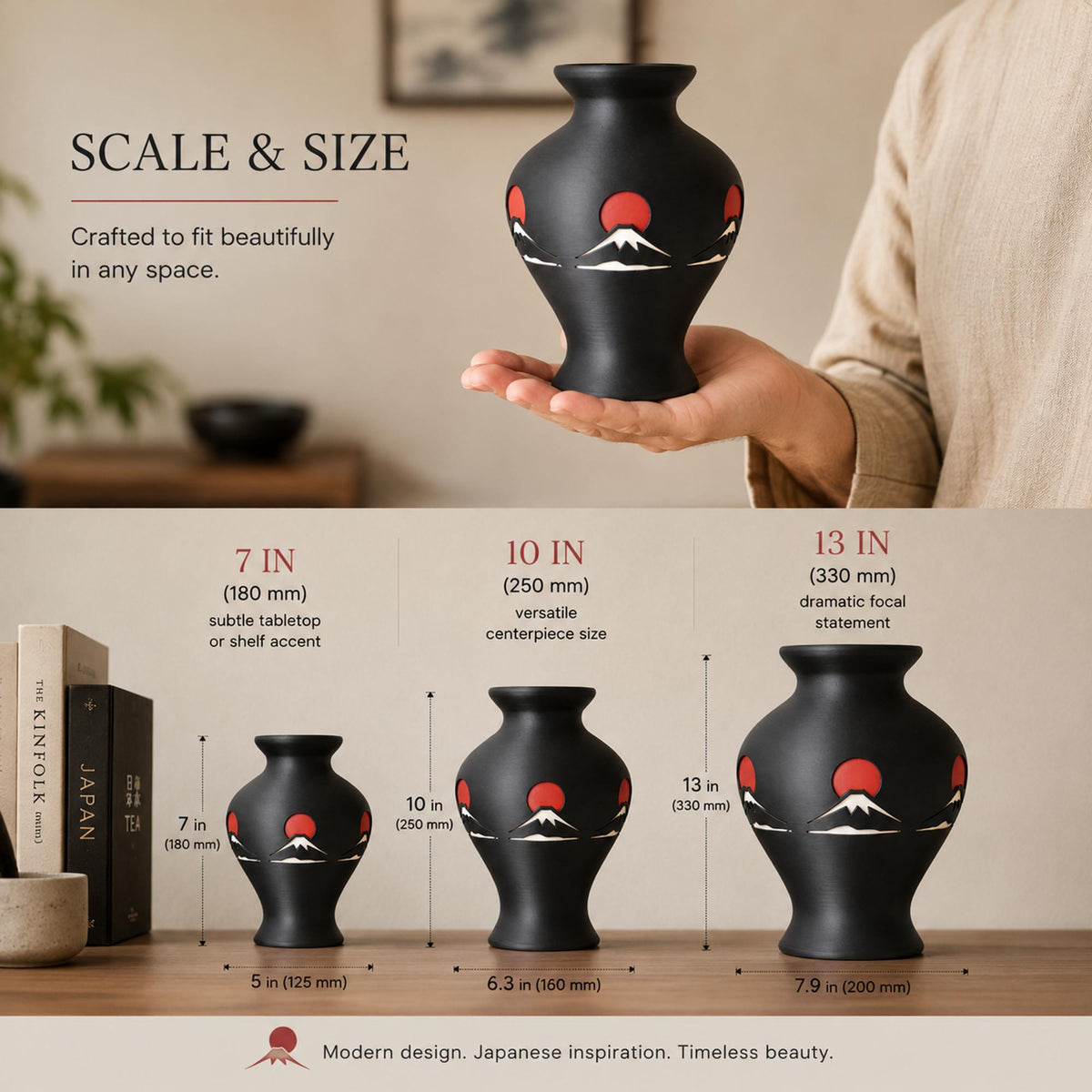 Mount Fuji Vase | Japanese Home Decor | Japandi Decorative Vase | Black & Red Table Vase | Shelf and Coffee Table Accent