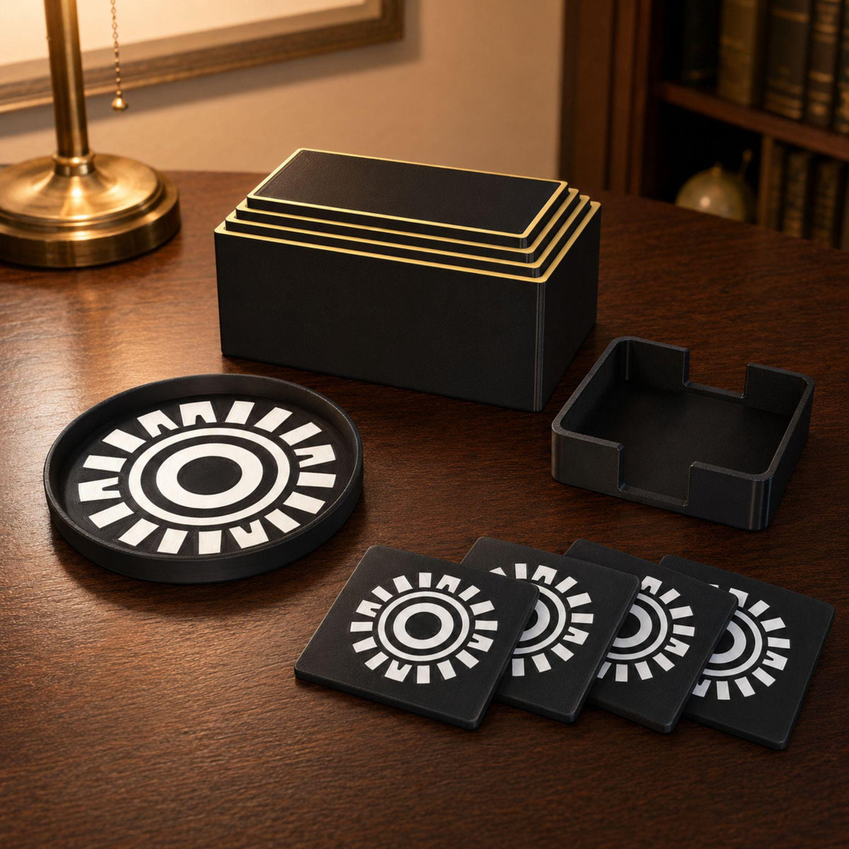 Art Deco Desk Organizer Set | Rectangular Pyramid Box, Starburst Coasters & Round Sunburst Tray | Executive Office Gift