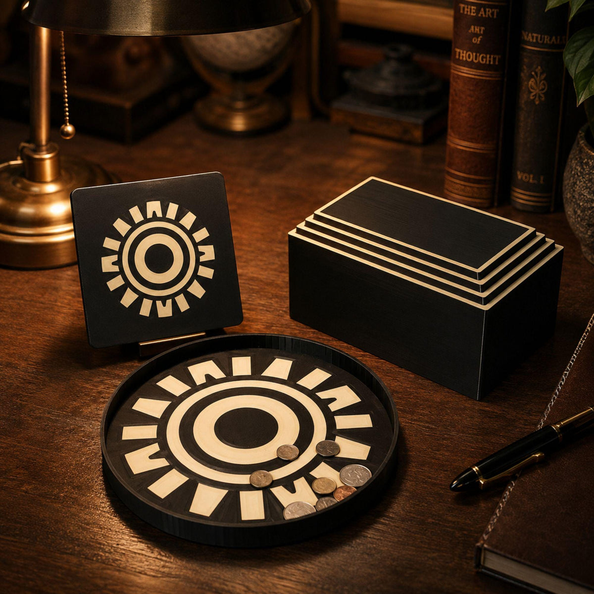 Art Deco Desk Organizer Set | Rectangular Pyramid Box, Starburst Coasters & Round Sunburst Tray | Executive Office Gift