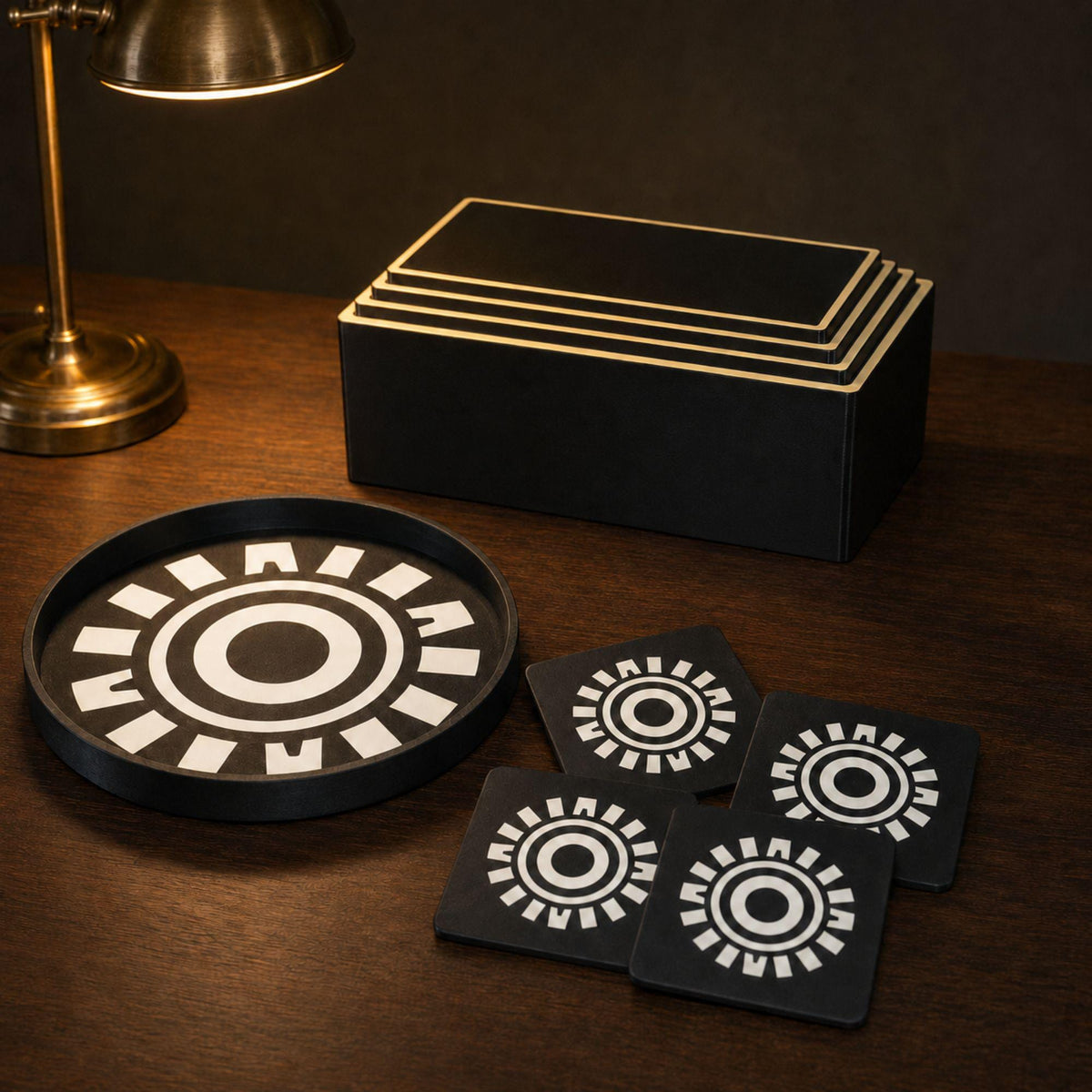 Art Deco Desk Organizer Set | Rectangular Pyramid Box, Starburst Coasters & Round Sunburst Tray | Executive Office Gift