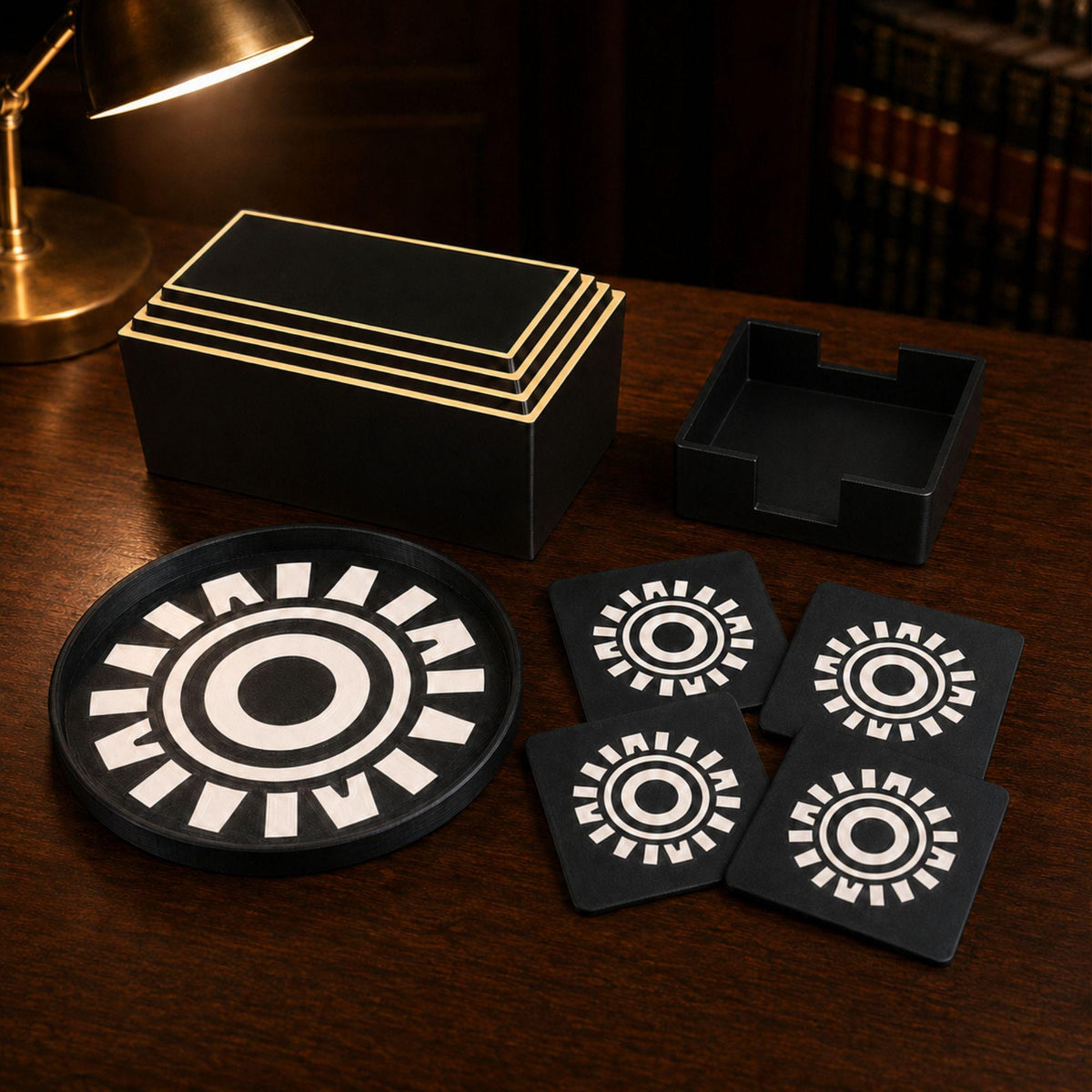 Art Deco Desk Organizer Set | Rectangular Pyramid Box, Starburst Coasters & Round Sunburst Tray | Executive Office Gift
