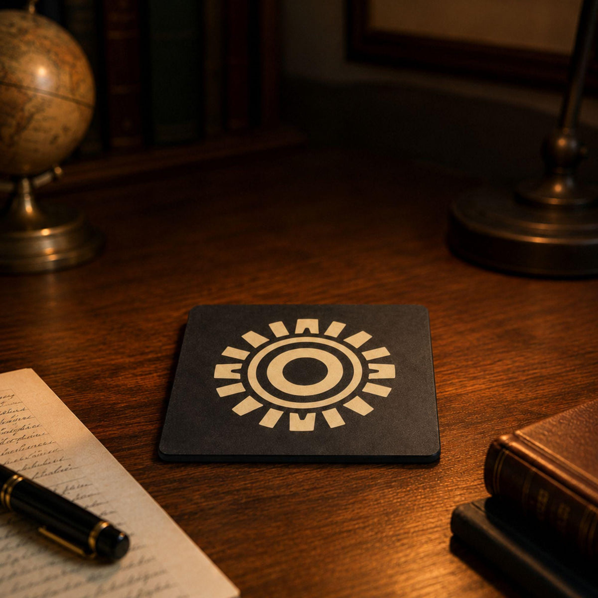 Art Deco Desk Organizer Set | Rectangular Pyramid Box, Starburst Coasters & Round Sunburst Tray | Executive Office Gift