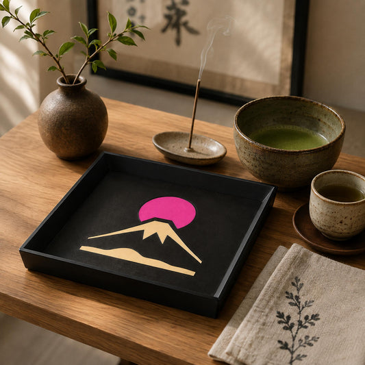 Mount Fuji Decorative Tray | Japanese Serving Tray | Coffee Table Decor & Entryway Catchall Tray | Black Home Decor