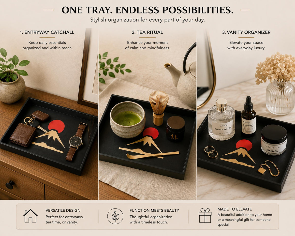 Mount Fuji Decorative Tray | Japanese Serving Tray | Coffee Table Decor & Entryway Catchall Tray | Black Home Decor