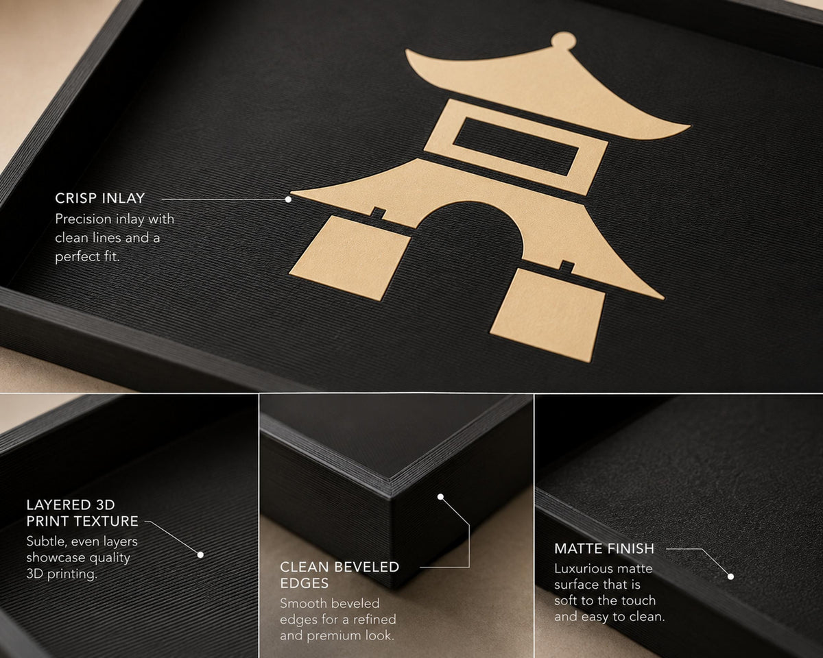 Pagoda Decorative Tray | Japanese Catchall Tray | Entryway Key Tray and Coffee Table Decor | Black & Tan | 3 Sizes