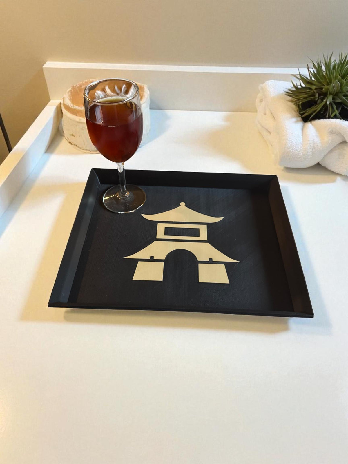 Pagoda Decorative Tray | Japanese Catchall Tray | Entryway Key Tray and Coffee Table Decor | Black & Tan | 3 Sizes
