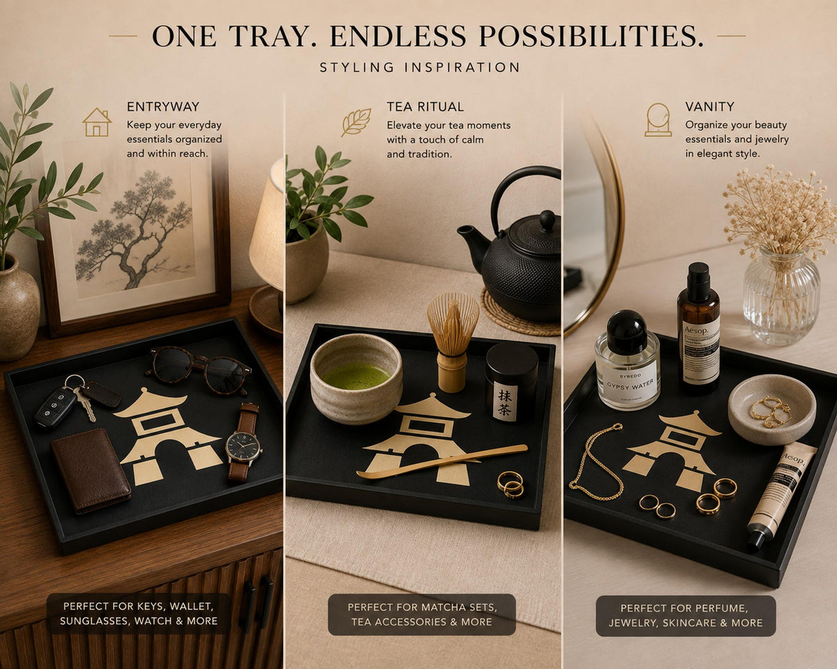 Pagoda Decorative Tray | Japanese Catchall Tray | Entryway Key Tray and Coffee Table Decor | Black & Tan | 3 Sizes
