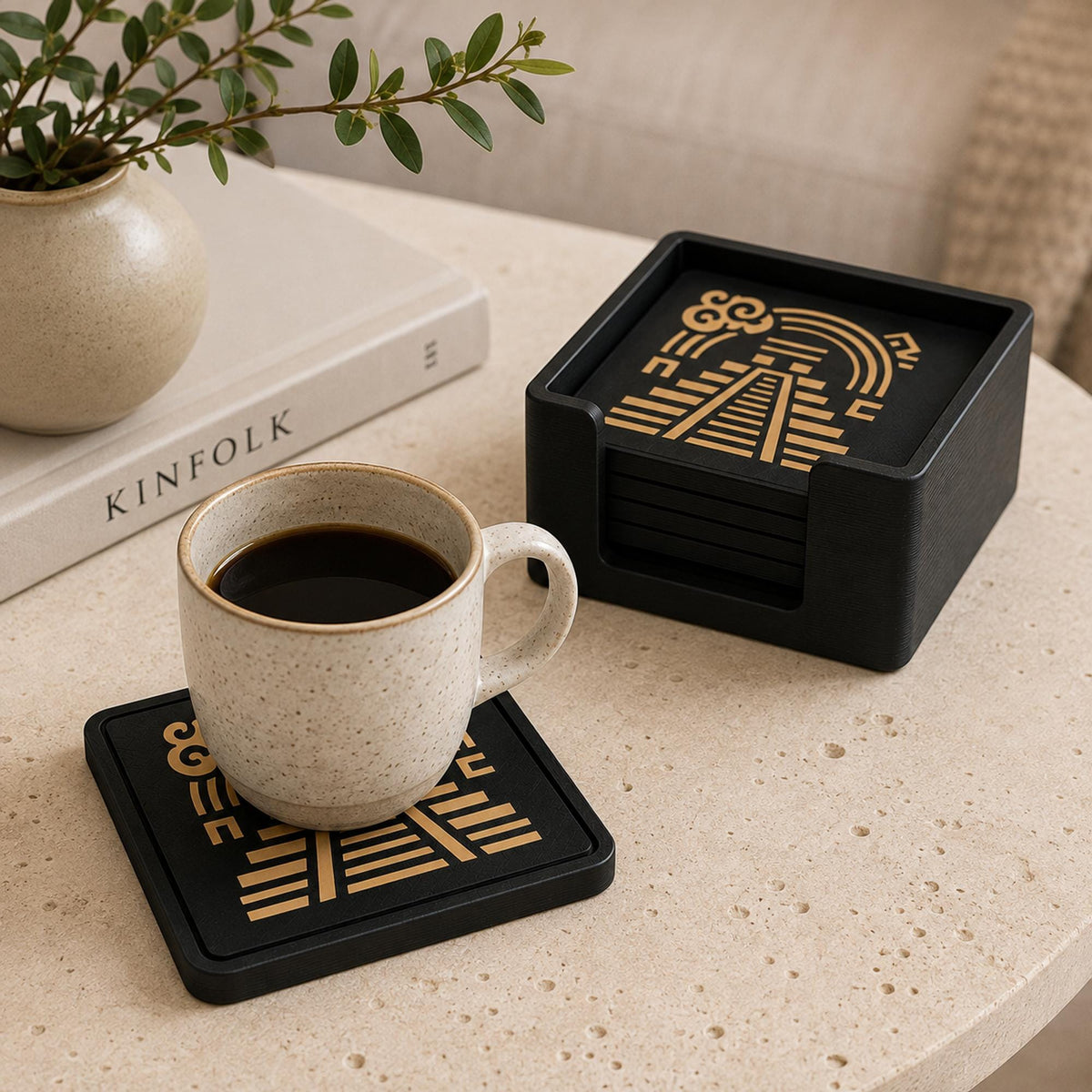 Geometric Coaster Set | Mesoamerican Pyramid Drink Coasters | Coffee Table Decor | Ancient Americas Inspired | Set of 4 or 6