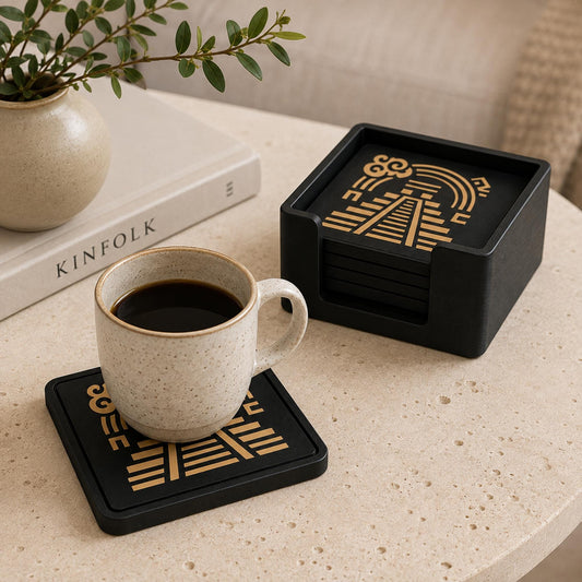 Geometric Coaster Set | Mesoamerican Pyramid Drink Coasters | Coffee Table Decor | Ancient Americas Inspired | Set of 4 or 6